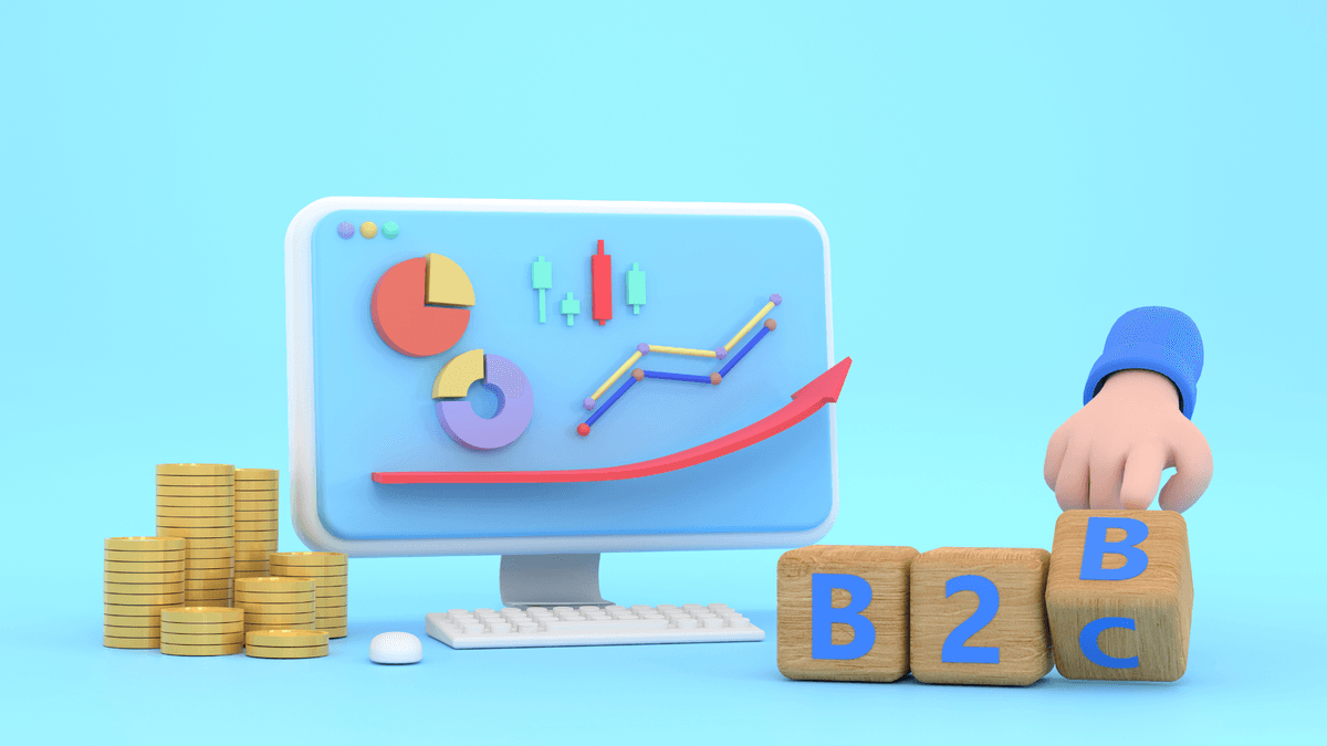 Art Illustration of coins, a desktop computer and B2B written in bricks