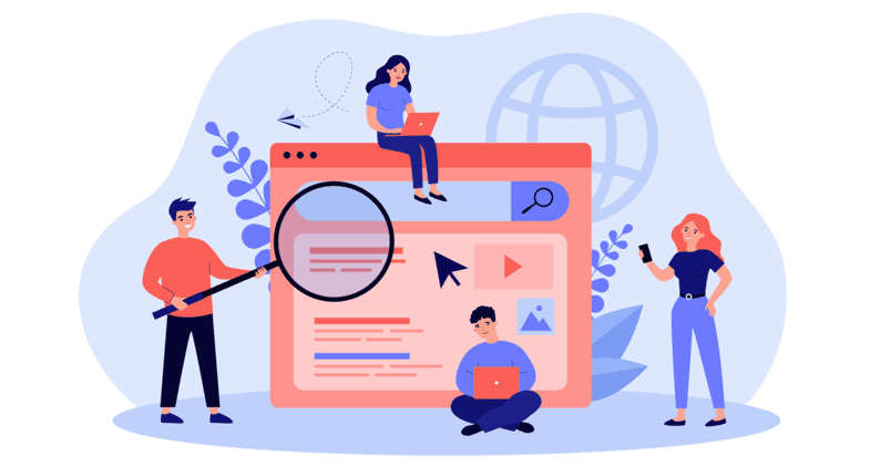 Illustration of people with laptops and magnifying glass around a web page interface with icons, set against a globe and plant background.