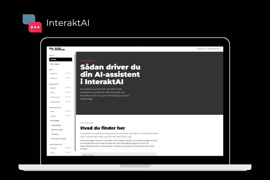 A laptop screen displaying a guide on managing an AI assistant in InteraktAI, with a sidebar menu on the left and a black background.